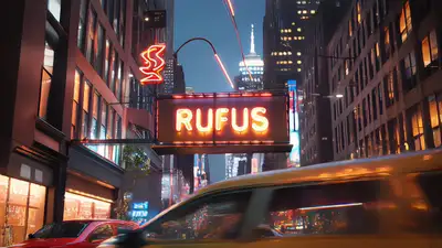 Glowing Neon Sign RUFUS in New York at Night