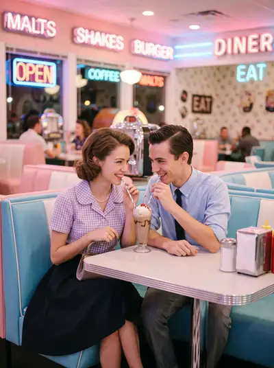 1950s diner couple sharing a milkshake portrait