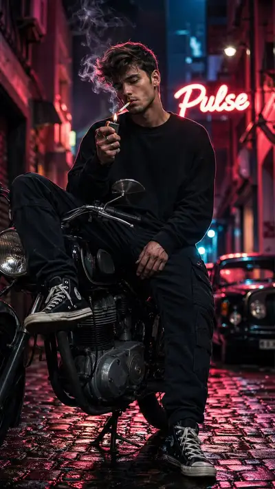 Cinematic Neon Alley Motorcycle Portrait