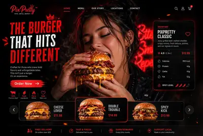 Neon Cheeseburger Ad with Bold Call-to-Action UI