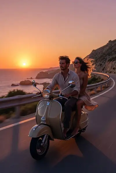 Romantic Coastal Scooter Ride at Sunset