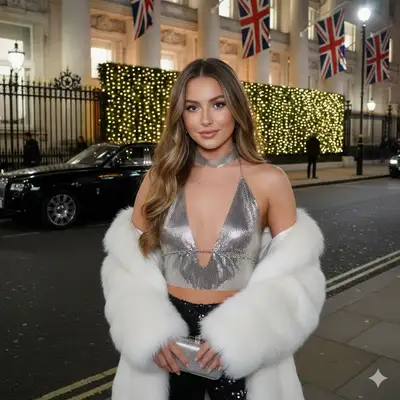 Femme en haut de mailles argentees et manteau en fausse fourrure dans une rue de Londres