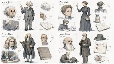 2x2 grid gesture-drawing sheet of famous scientists