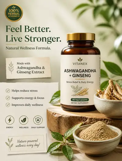 Herbal Supplement Product Poster With Ashwagandha and Ginseng