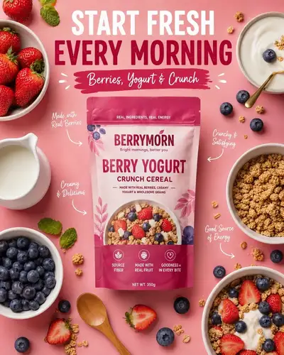 Berry yogurt crunch cereal breakfast ad poster