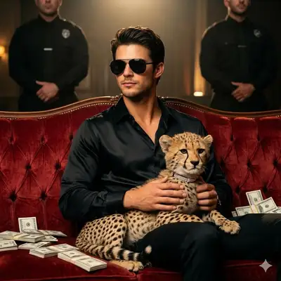 Man on a velvet sofa with a cheetah and cash