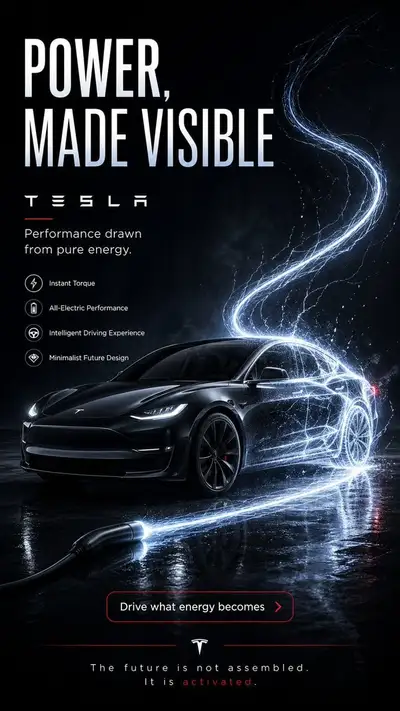 Tesla-Werbeplakat aus Lichtenergie gebaut