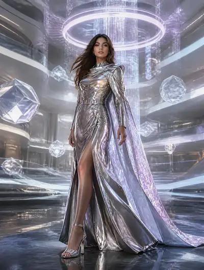 Futuristic luxury fashion editorial in AI-generated architecture