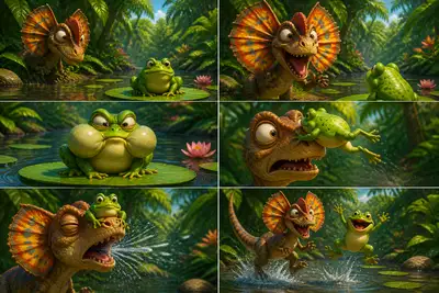 Pixar-style 3x2 storyboard of Dilophosaurus Dili and a frog