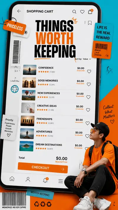 Online shopping cart editorial poster with intangible items