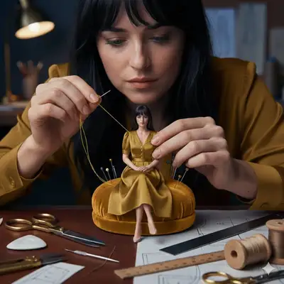Cinematic scene of a woman hand-sewing a miniature version of herself