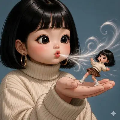 Whimsical Giantess Blowing Tiny Self with Wind