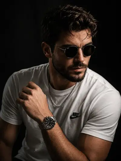 Luxury male portrait with Nike tee and Rolex watch
