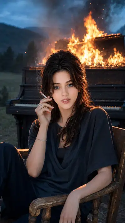 Cinematic Portrait: Woman Before a Burning Piano