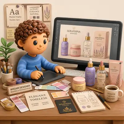 Ilustración 3D de arcilla linda de un diseñador de empaques de cosméticos en el trabajo