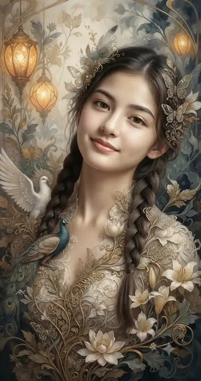 Retrato de fantasia Art Nouveau com elementos botânicos