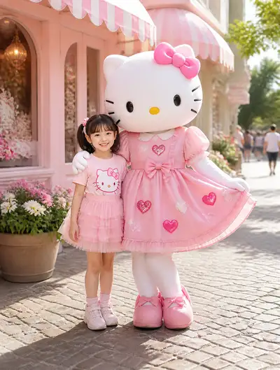 Girl with Hello Kitty Mascot at Pastel Boutique