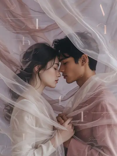 High-end magazine portrait prompt of a romantic couple with silk ripples