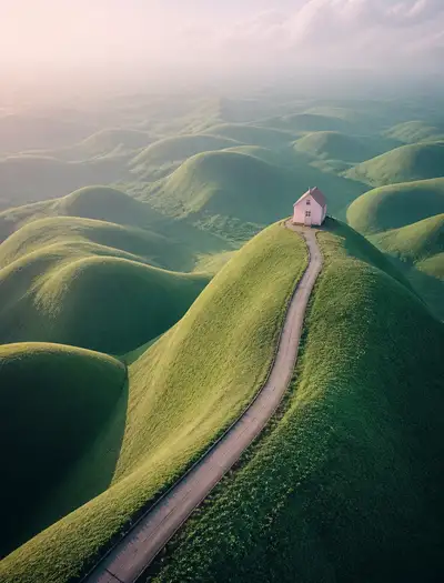 Surreal pastel cottage on impossible rolling green hills