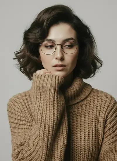 Four-pose Scandinavian editorial portrait series in camel knitwear