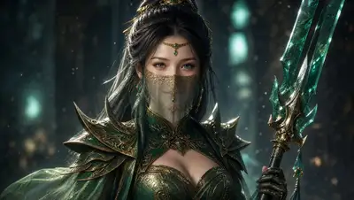 East Asian woman portrait in emerald gold armor with veil mask