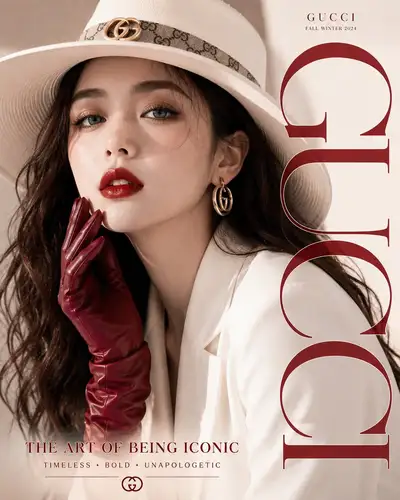 Luxury editorial fashion portrait prompt with bold ICONIC typography