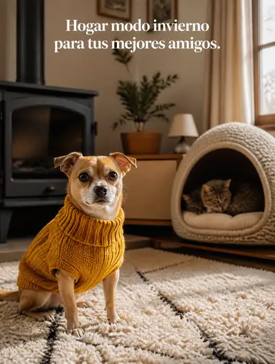 Cozy Winter Home Scene With a Sweater-Wearing Dog and Cat