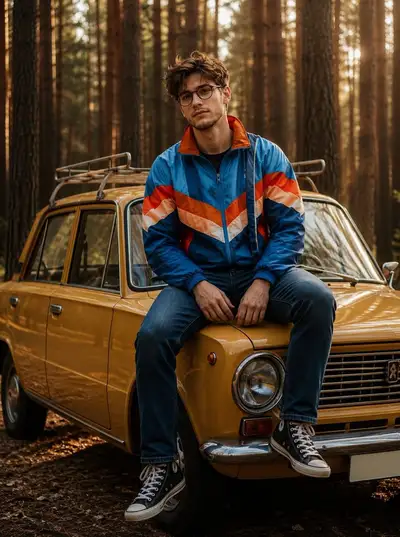Cinematic Vintage Car Portrait in Pine Forest