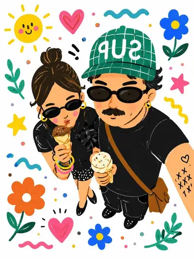 Cute doodle cartoon illustration from a couple selfie