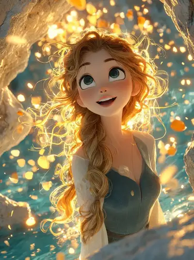Dreamy 3D animated girl in a glowing magical cave