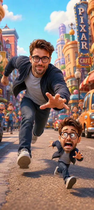 Junge sprintet, um seinen winzigen panischen Pixar-artigen Klon zu fangen