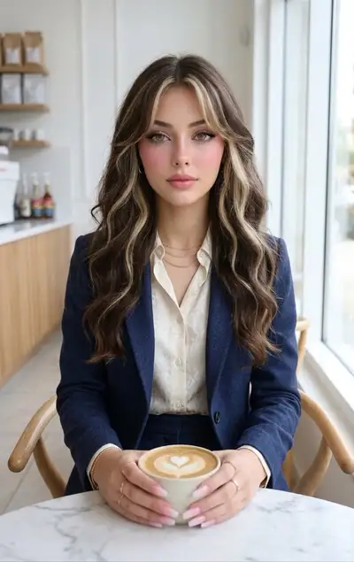 Retrato de arte latte en cafetería con maquillaje estilo Douyin