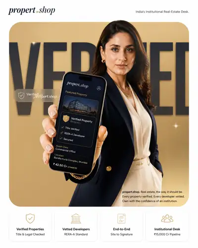 Propert.shop institutional real estate ad poster with model and phone