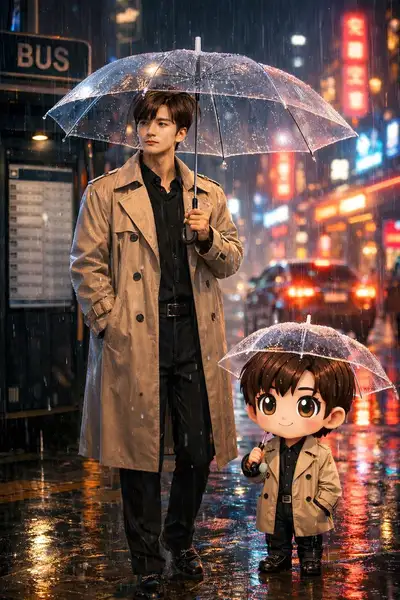 Cinematic Rainy Night Neon City Street with Chibi Companion