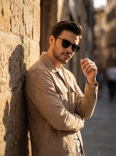 Golden hour street style portrait against a stone wall