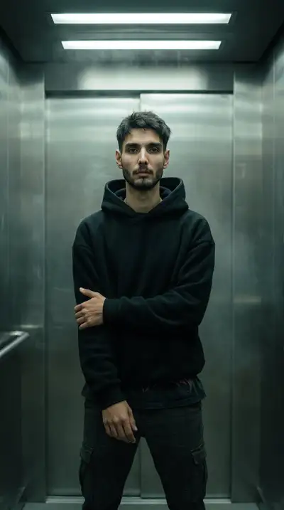 Cinematic urban portrait of a man standing still in a steel elevator