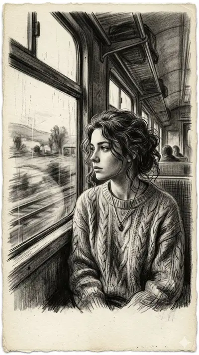 Charcoal Drawing of Woman on Train