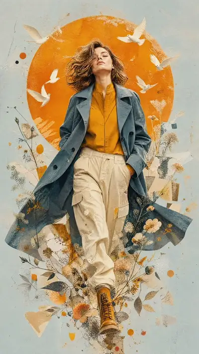 Mixed-media collage illustration of a woman walking toward freedom