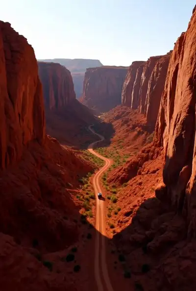 Prompt de perseguição de carro de rali em canyon, do aéreo ao close
