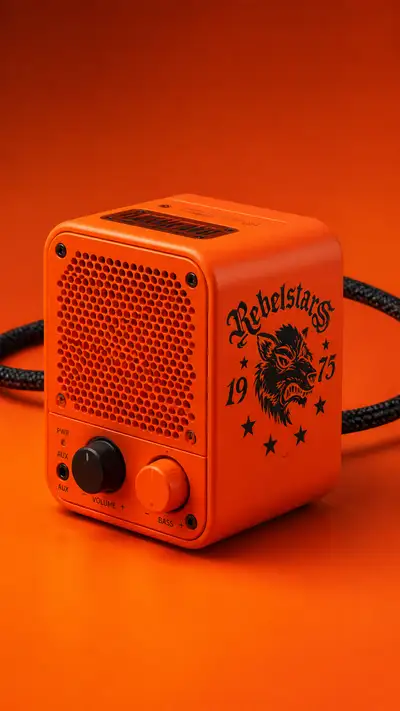 Render de producto de altavoz naranja fluorescente con marca Rebelstars