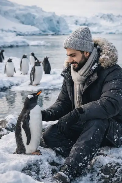Winter portrait with penguins in an icy habitat