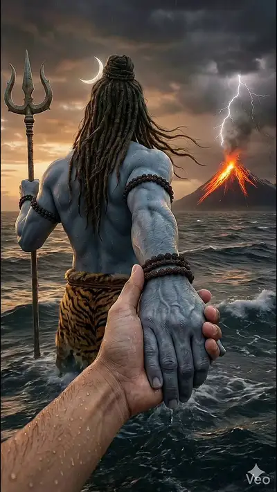 Cinematic Lord Shiva Guiding Hand in Stormy Ocean (Image)