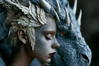 Close-up profile portrait of a woman beside a stone dragon
