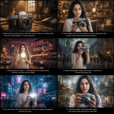 Storyboard cinematográfico de uma câmera que viaja no tempo