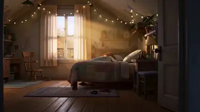 Pixar-style child cuddling kitten bedtime scene