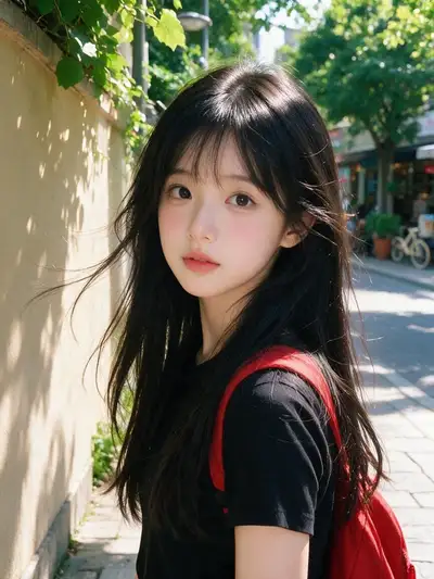 Japanisches Streetfashion-Schnappschussporträt mit Rucksack