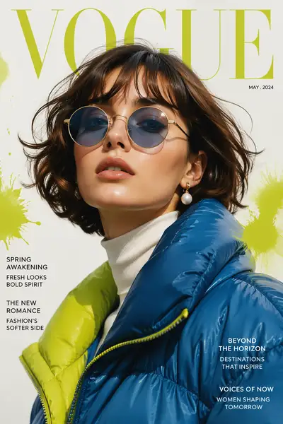 Editorial fashion portrait with blue puffer jacket