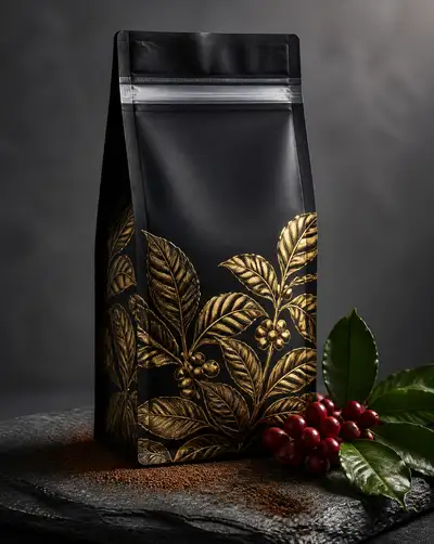 Photorealistic premium coffee bag product photography prompt