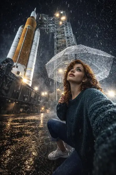 Cinematic Rainy Rocket Launch Photo