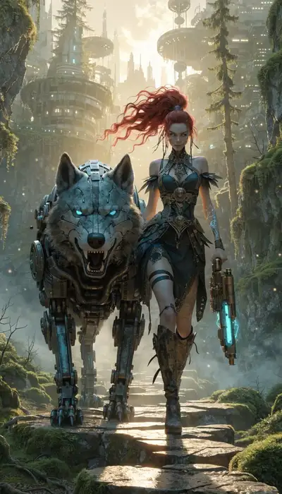 Retro-Futuristic Warrior and Mechanical Wolf